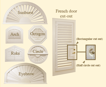Specialty shape shutters: sunburst, arch, octagon, rake, circle, eyebrow and French door cut-outs
