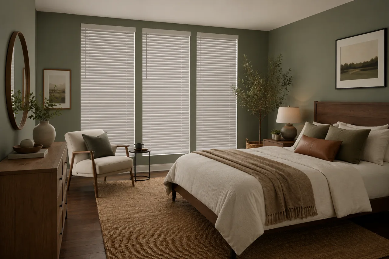Faux wood blinds installed in a Houston bedroom