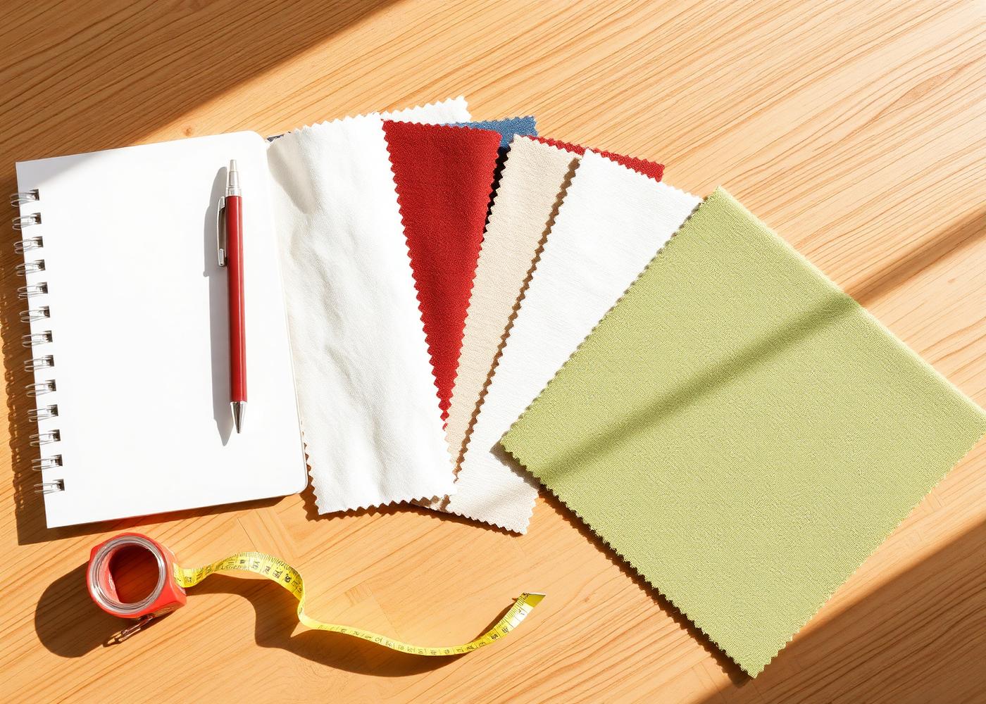 Fabric swatches, notebook and measuring tape laid out during a design consultation
