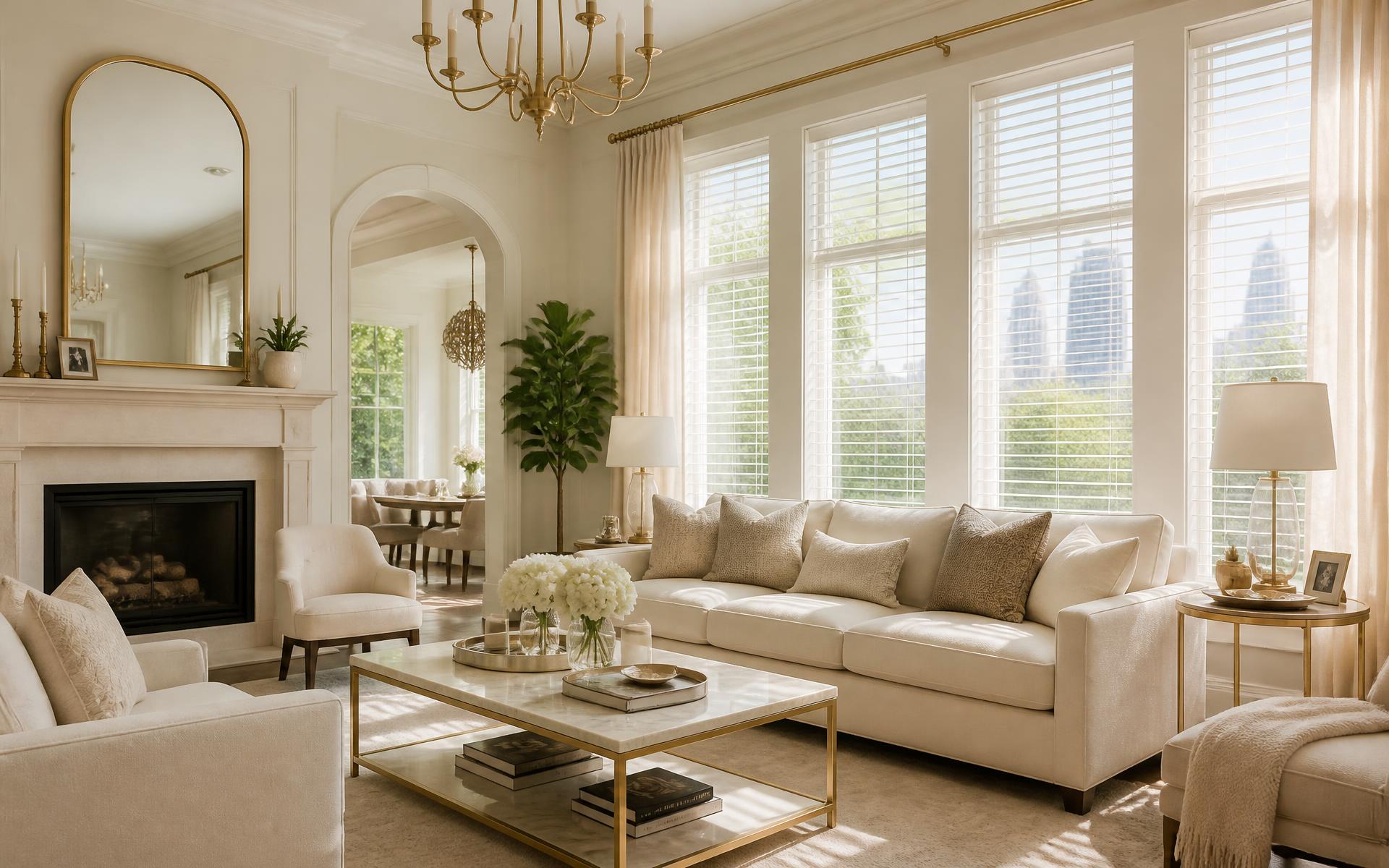 Houston living room with custom wood blinds and natural light