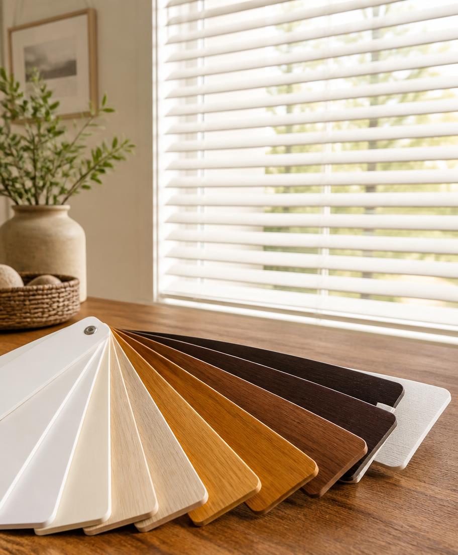 Wood and faux wood blind slat samples showing available color and stain options