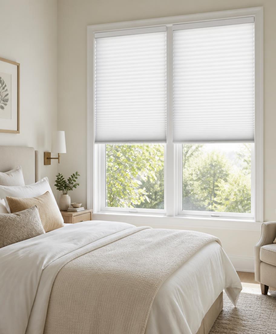 Cream honeycomb cellular shades on a bedroom window