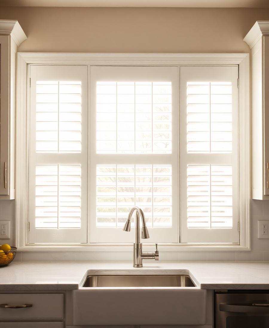 White polycore plantation shutters on a bright kitchen window