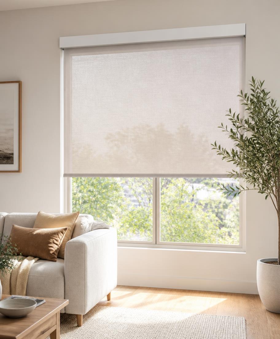 Light filtering roller shade on a sunlit Houston living room window