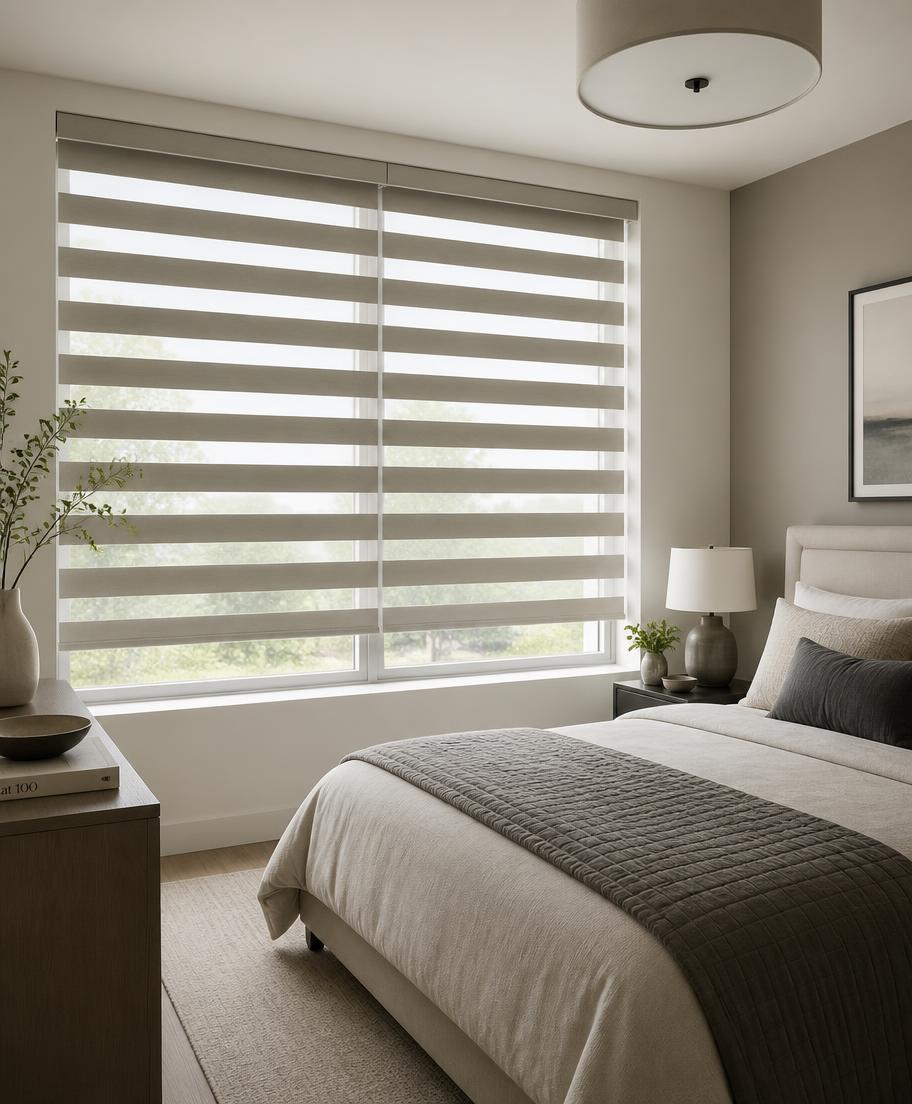 Zebra dual roller shades with alternating sheer and opaque bands on a bedroom window